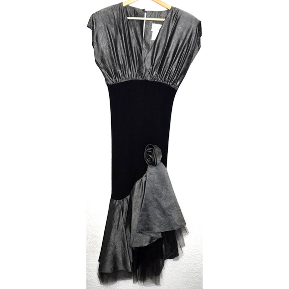 Vintage 80s Dress Womens 5/6 Silver Black Mermaid Rosette Tulle Midi Party Gown - Picture 1 of 16